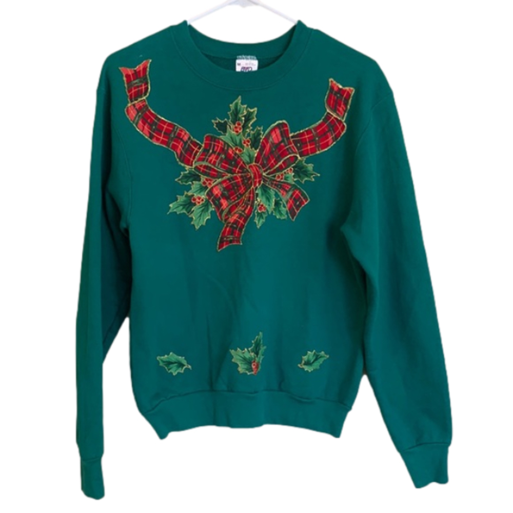 VINTAGE 90s Made in USA Crewneck Holiday Wreath Plaid Sweatshirt Women’s Medium